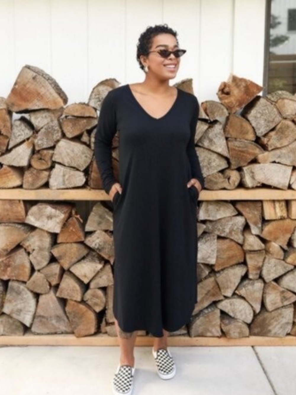 Smash + Tess S/M Black Lightweight Long Sleeve Midi Pocket Dress